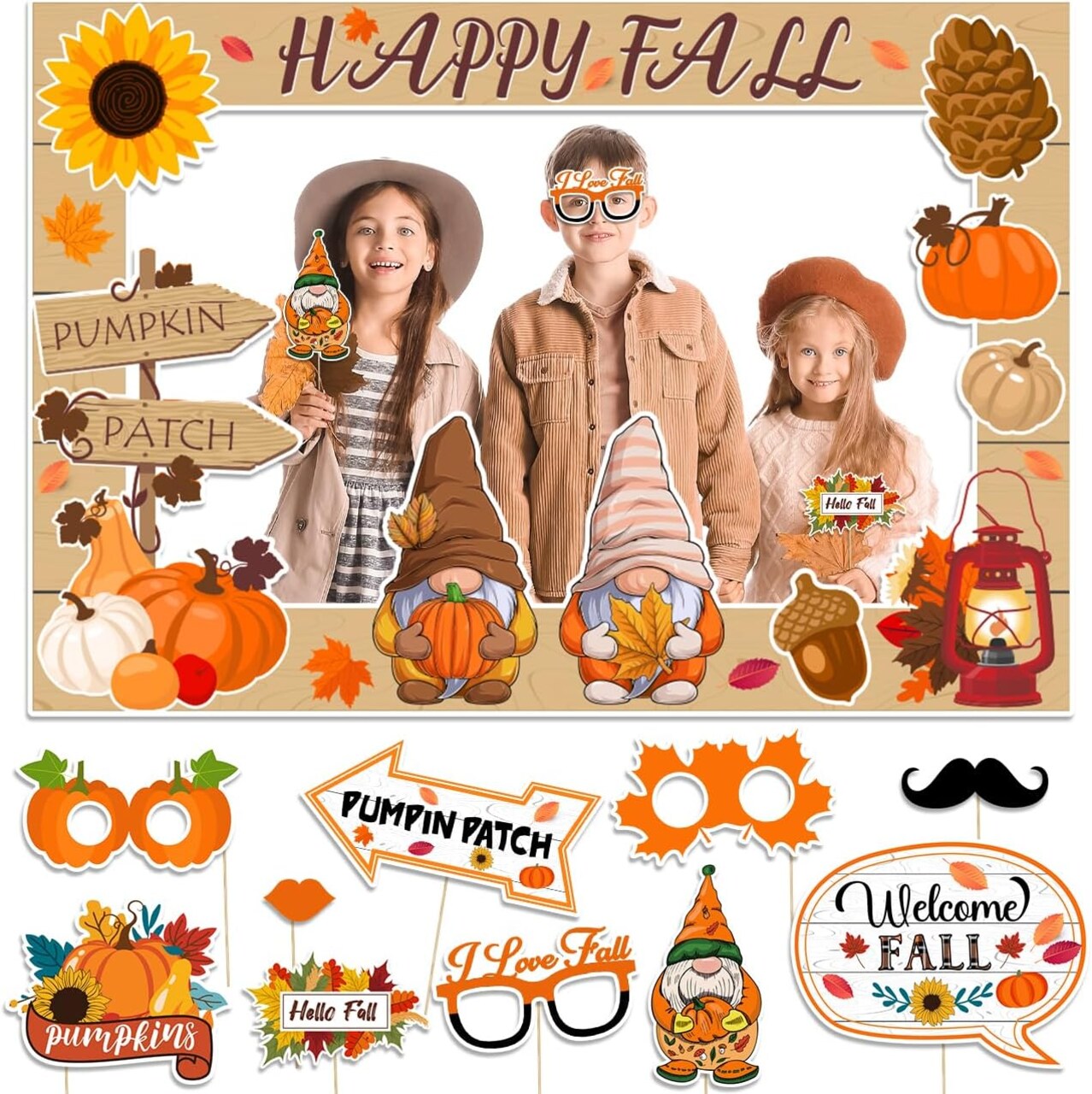 Fall Decor Happy Fall Gnomes Pumpkin Photo Booth Frame and Props